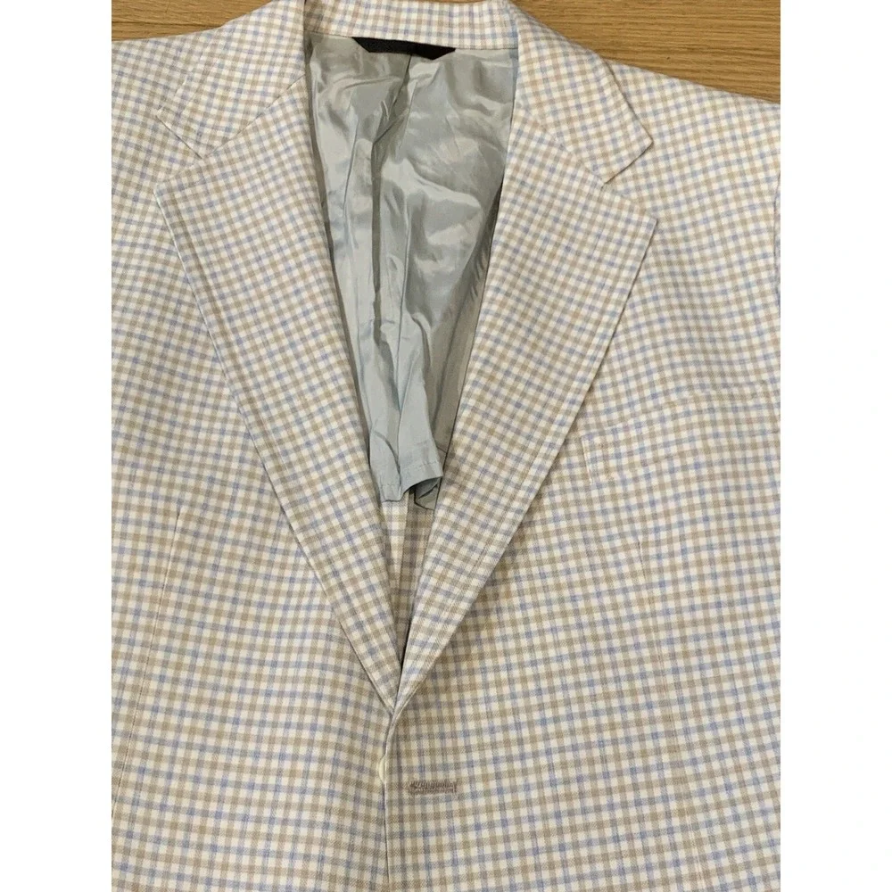 Vtg 70s Sports Coat White Blue Tan Check Plaid Merit Sz 46 Made USA 1/2 Lined